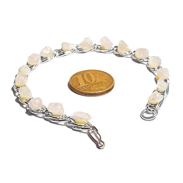 Pulseira Corrente Quartzo Rosa Natural Rolada Prateado