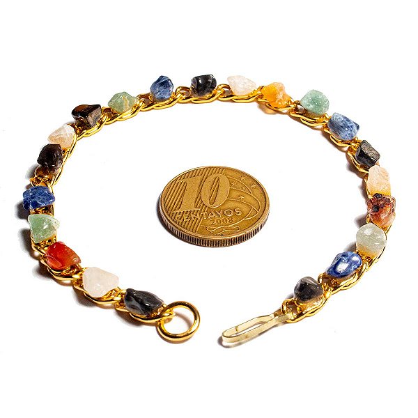 Pulseira Corrente Pedra Mistas Natural Rolada Dourado