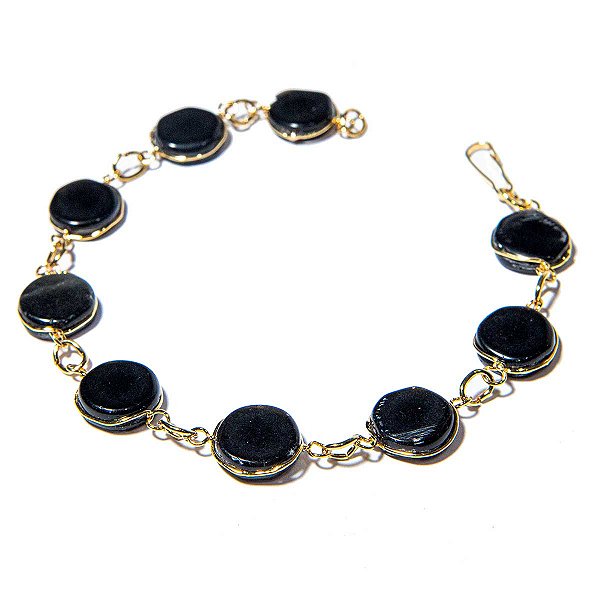 Pulseira Disco Pedra Obsidiana Negra Ranhurado Dourado