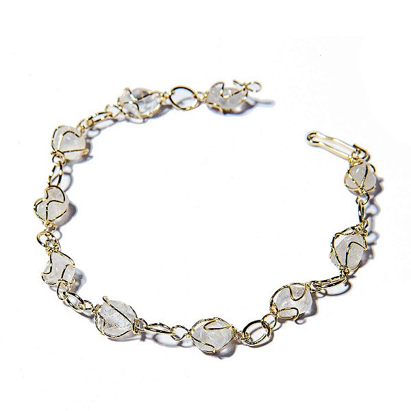 Pulseira Pedra Quartzo Cristal Na Gaiola Banho Dourado