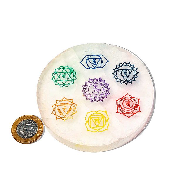 Placa de Selenita 7 Chakras Polida 10cm Porta Copos Natural