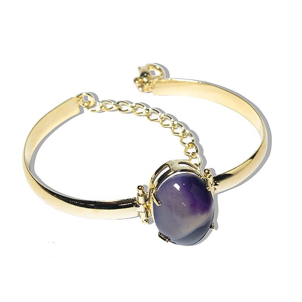 Bracelete Ágata Lilás Pedra Natural Mini Cabochão Dourado