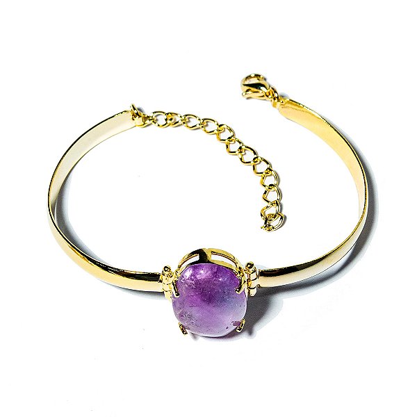 Bracelete Ametista Pedra Natural Mini Cabochão Dourado