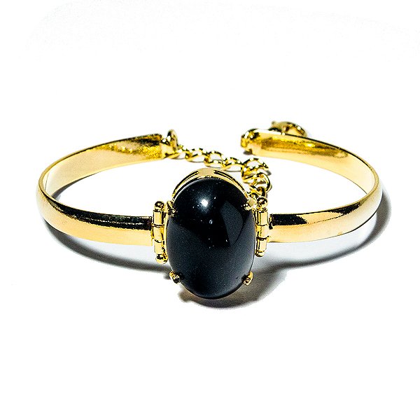 Bracelete Obsidiana Pedra Natural Mini Cabochão Dourado
