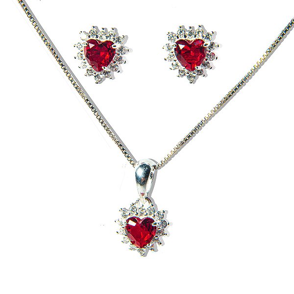 Conjunto Colar e Brinco Coração Rubi Zircônia Prata 925