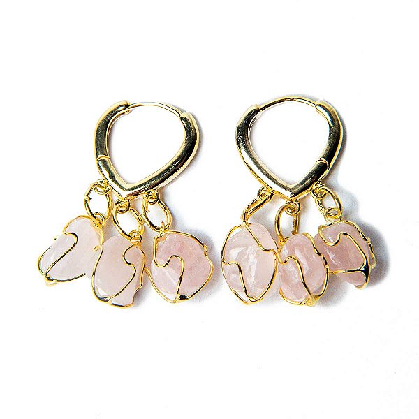 Brinco Trio do Coração Quartzo Rosa Montagem Dourado