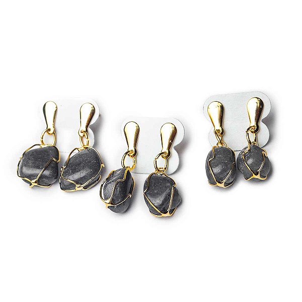 01 Brinco Cesta Amarrada Pedra Sodalita Azul Dourado