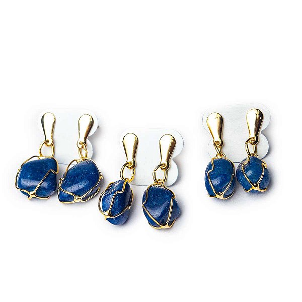 01 Brinco Cesta Amarrada Pedra Ágata Azul Dourado