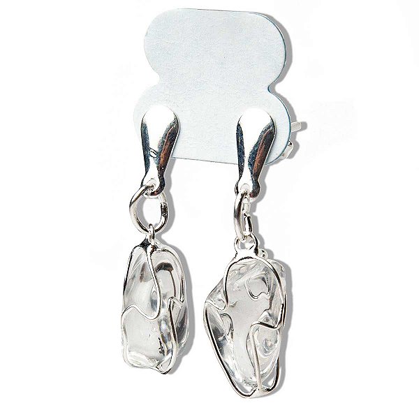 01 Brinco Cesta Amarrada Pedra Quartzo Cristal Prateado