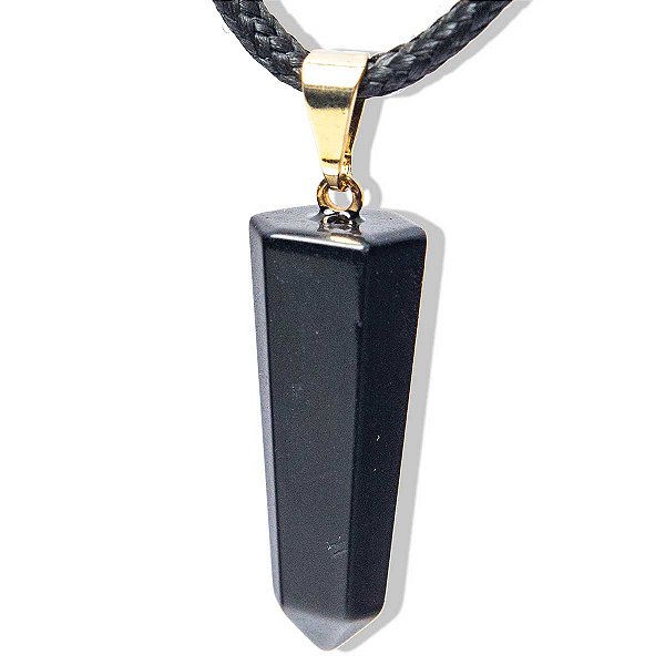 Colar Pontinha Obsidiana Negra Pedra Natural Pino Dourado