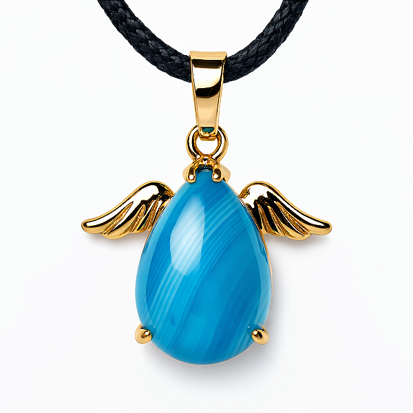 Colar Gota Alada com Pedra Agata Azul Natural Banho Dourado