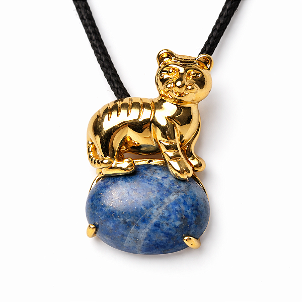 Colar Leoa Cabochao Oval Pedra Lapis Lazuli Natural Dourado