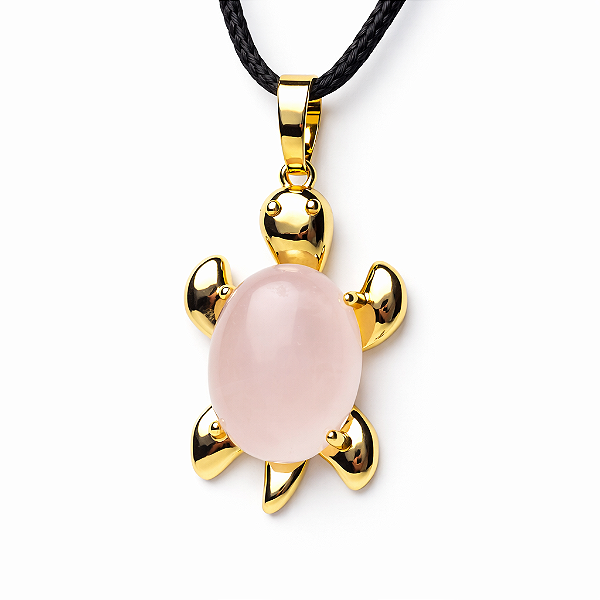 Colar Tartaruga Pedra Quartzo Rosa Natural Banho Dourado