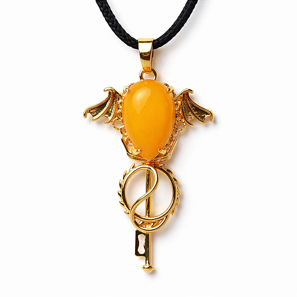 Colar Gota Pedra Agata Amarela Natural Gotico Morcego Dourado