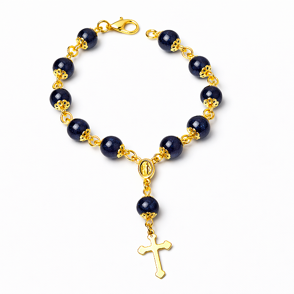 Pulseira Bolinha Terço Pedra Estrela 8mm Banho Dourado