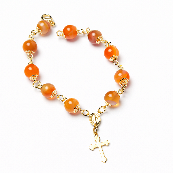 Pulseira Bolinha Terço Pedra Agata Cornalina 8mm Dourado