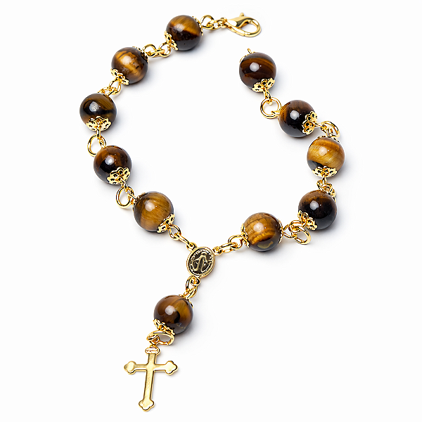 Pulseira Bolinha Terço Pedra Olho de Tigre 8mm Banho Dourado