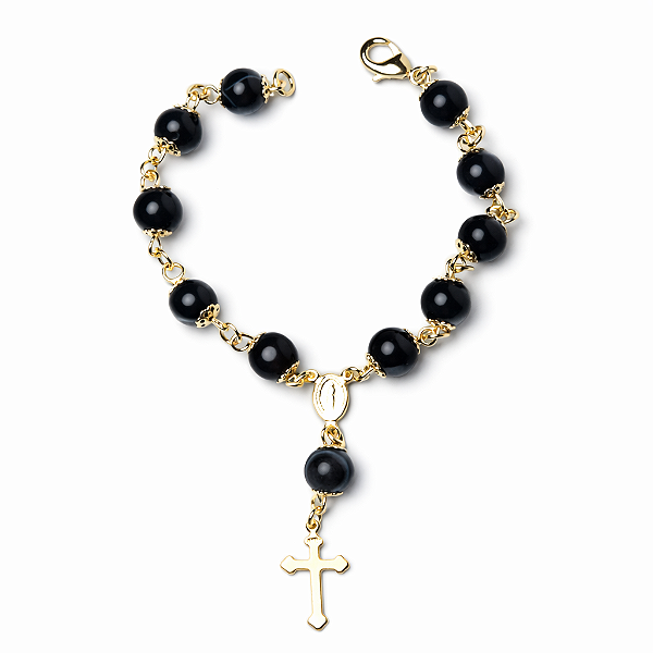 Pulseira Bolinha Terço Pedra Agata Preta 8mm Dourado