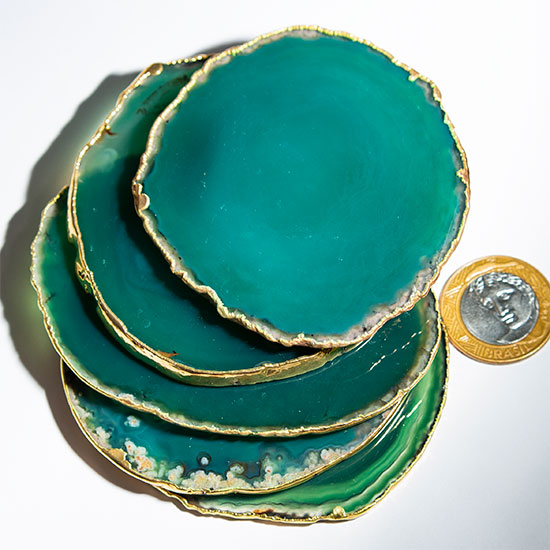 Chapa de Agata Verde Porta Copos Envolto banho Dourado