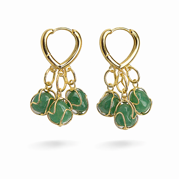 Brinco Trio do Coração Quartzo Verde Dourado Fecho Tranqueta