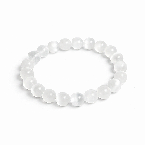 Pulseira Pedra Selenita 8mm Bolinha Natural Fio de Silicone