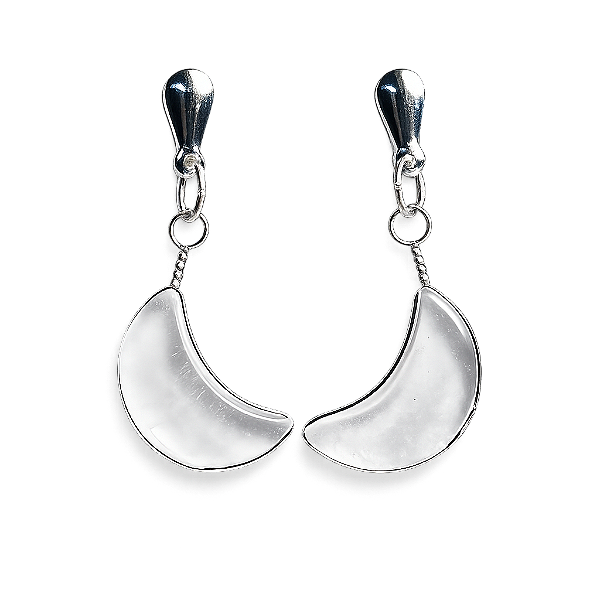 Brinco Meia Lua Pedra Cristal Natural Ranhurado Prateado