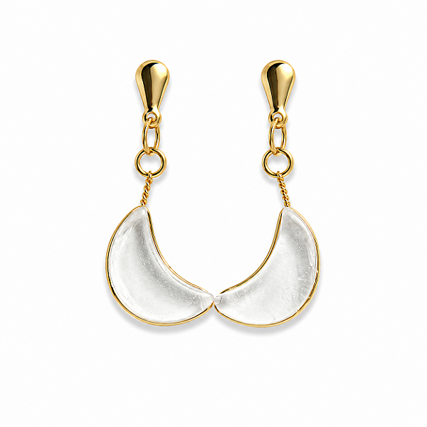 Brinco Meia Lua Pedra Cristal Natural Ranhurado Dourado
