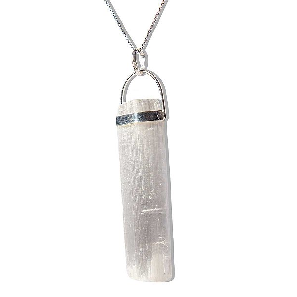 01 Pingente Nlux Canudo Selenita Bruto Mineral Natural Prata 950