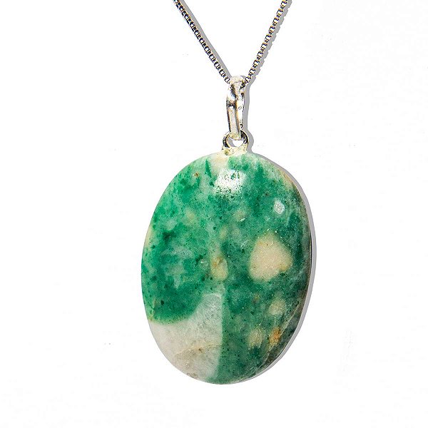 01 Pingente Nlux Cabochão Oval Jade Verde de MG Pino Prata 950