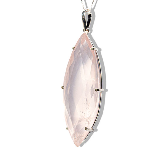 01 Pingente Nlux Navete Facetado Gigante Quartzo Rosa Garra Prata 950