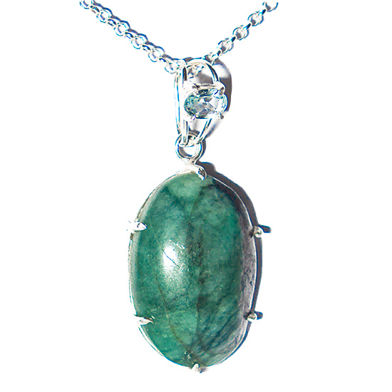 01 Pingente Nlux Cabochão Oval Esmeralda e Topázio Garra Prata 950