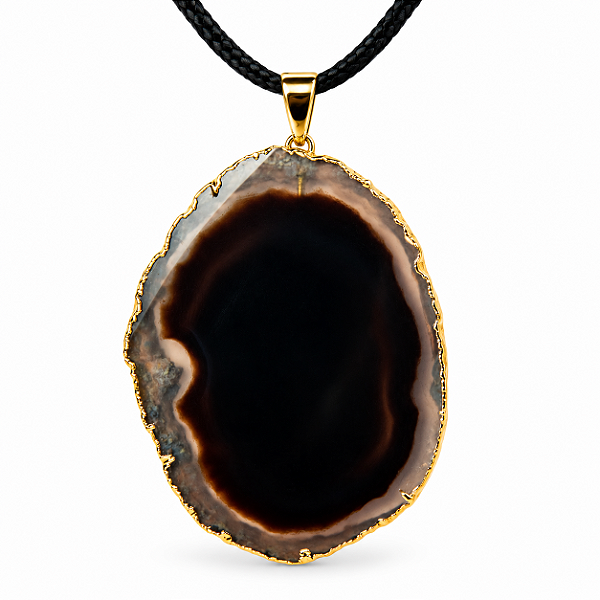 Colar Chapa de Ágata Negra Pedra Natural Envolto Dourado