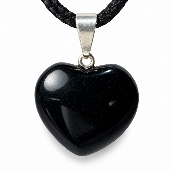 Colar Mini Coração 15mm Obsidiana Negra Natural Pino Prateado