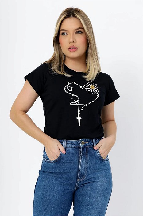 T-shirt Feminina Rosário Pérolas "Fé"