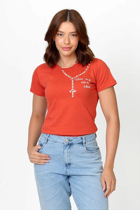 T-shirt Feminina Rosário Pérolas "Livrai-me de todo mal"