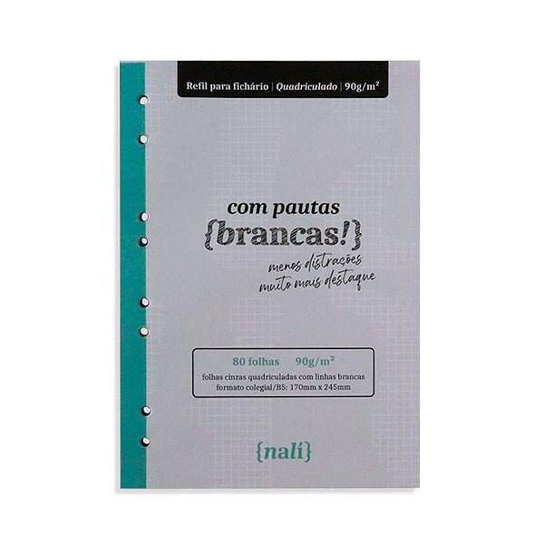 Bloco Fichário Linhas Brancas Colegial/B5 Quadriculado Nali