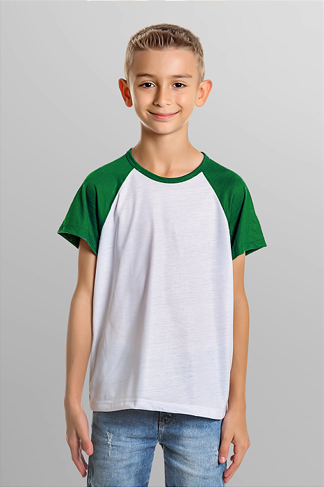 Camisetas Infantil Raglan Branca com manga Verde 100% poliéster