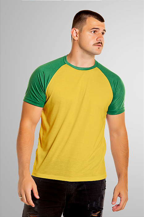 Camiseta Raglan Brasil Amarela Com Manga verde 100% Poliéster (Edição Limitada)