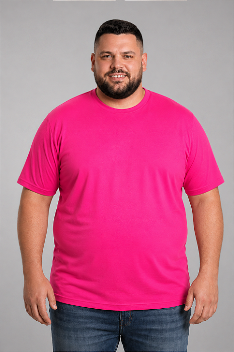 Camiseta Masculina Plus Size Rosa Shock 100% Poliéster