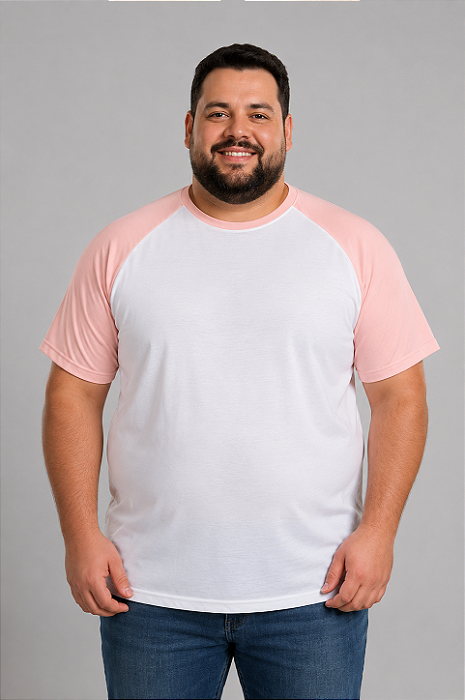 Camiseta Masculina Raglan Plus Size Branca com Manga Rosa 100% Poliéster