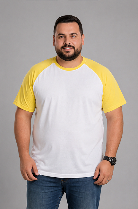 Camiseta Masculina Raglan Plus Size Branca Com Manga Amarela 100% Poliéster