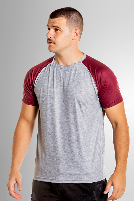 Camiseta Raglan Cinza Mescla Com Manga Marsala / Vinho 100%Poliéster