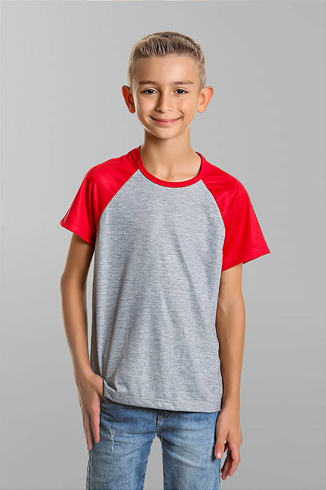 Blusa Infantil Raglan cinza mescla com manga Vermelha 100% poliéster