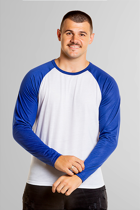 Camiseta Raglan Masculina Manga Longa 100% Poliéster Branca e Azul
