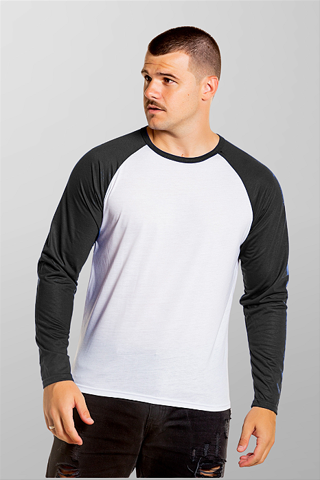Blusa Raglan Manga Longa Branca com preto 100% Poliéster