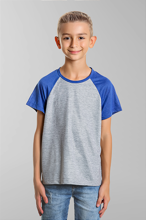 Camisetas Infantil Raglan cinza mescla com manga Azul 100% poliéster