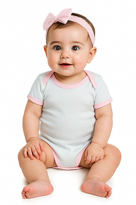 Body infantil Bebê Branco detalhe Rosa  Poliéster com Elastano