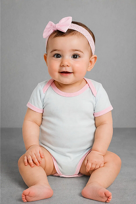 Body infantil Bebê Branco detalhe Rosa Poliéster com Elastano