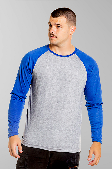 Blusa Raglan Manga Longa cinza mescla com Azul  100% Poliéster