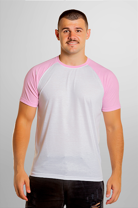 Camiseta Masculina Raglan Branca Anti pilling com manga rosa claro 100% poliéster